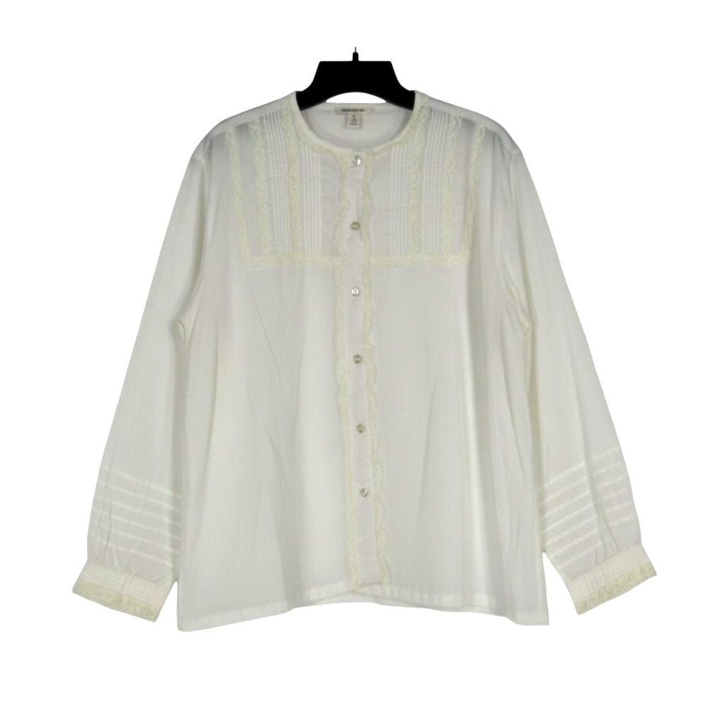 VTG PAT FASHION 80's White Twill LACE PLEATED DETAIL Button-Up BLOUSE/TOP Sz 40
